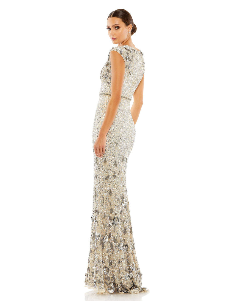 Mac Duggal Style #5055 Embellished V-Neck cap sleeve sequin gown - silver nude side view