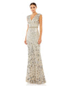 Mac Duggal Style #5055 Embellished V-Neck cap sleeve sequin gown - silver nude  front view
