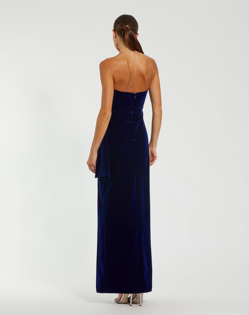Strapless High Slit Draped Velvet Gown - Cobalt