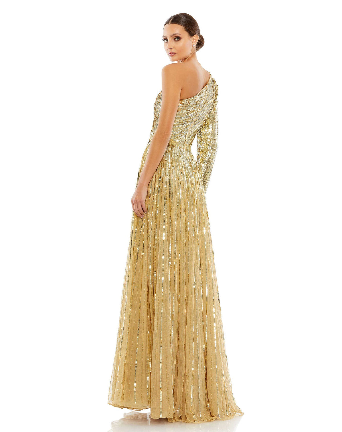 Sequin One Shoulder A Line Gown - Emerald