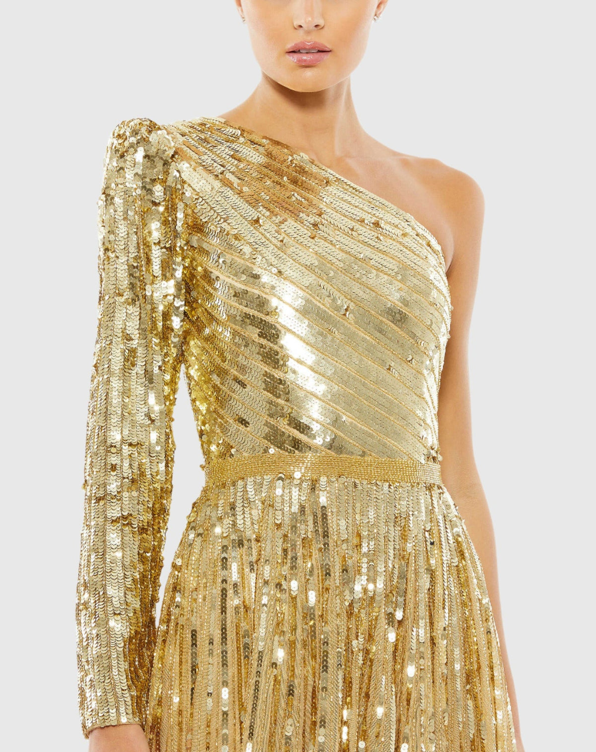 Sequin One Shoulder A Line Gown - Gold