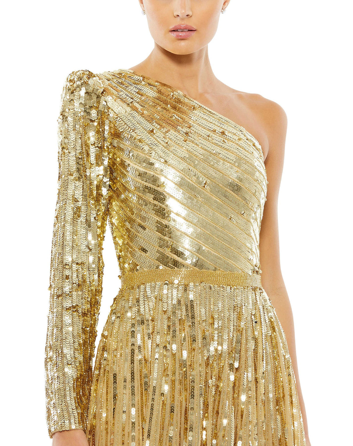 Sequin One Shoulder A Line Gown - Emerald