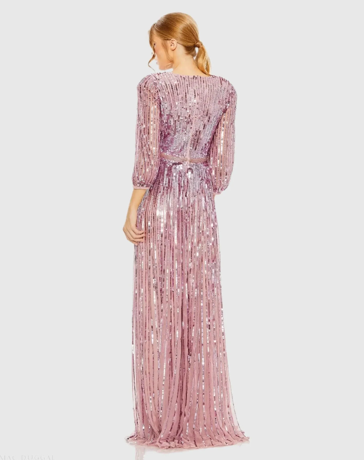 Sequin Wrap Over 3/4 Sleeve Gown - Mauve