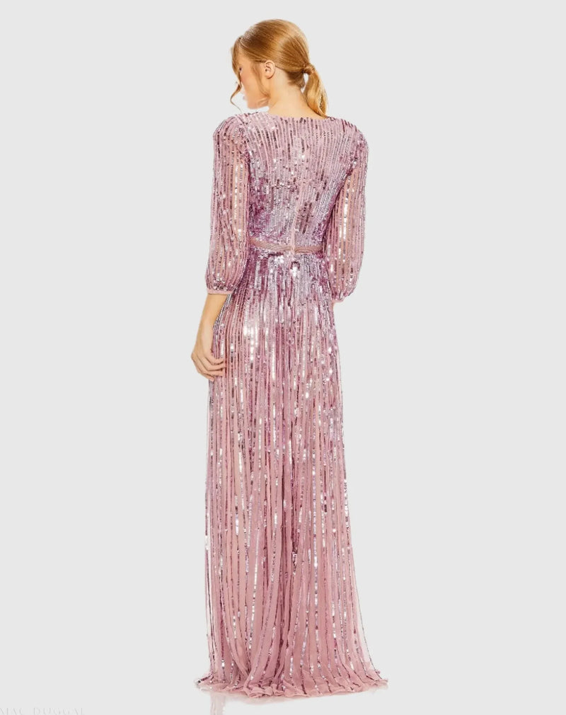 Sequin Wrap Over 3/4 Sleeve Gown - Mauve