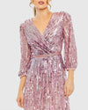 Sequin Wrap Over 3/4 Sleeve Gown - Midnight