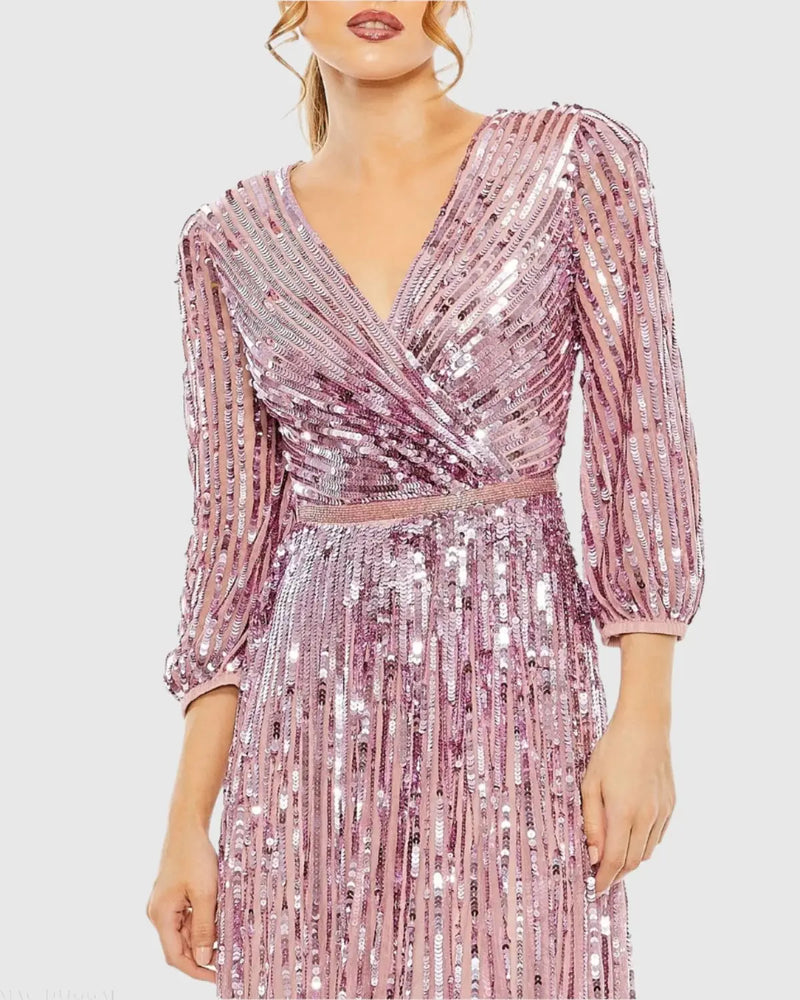 Sequin Wrap Over 3/4 Sleeve Gown - Midnight