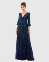 Mac Duggal Sequined Wrap Over 3/4 Sleeve Gown #5509 Midnight