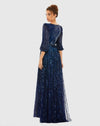 Sequin Wrap Over 3/4 Sleeve Gown - Midnight