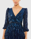 Sequin Wrap Over 3/4 Sleeve Gown - Midnight