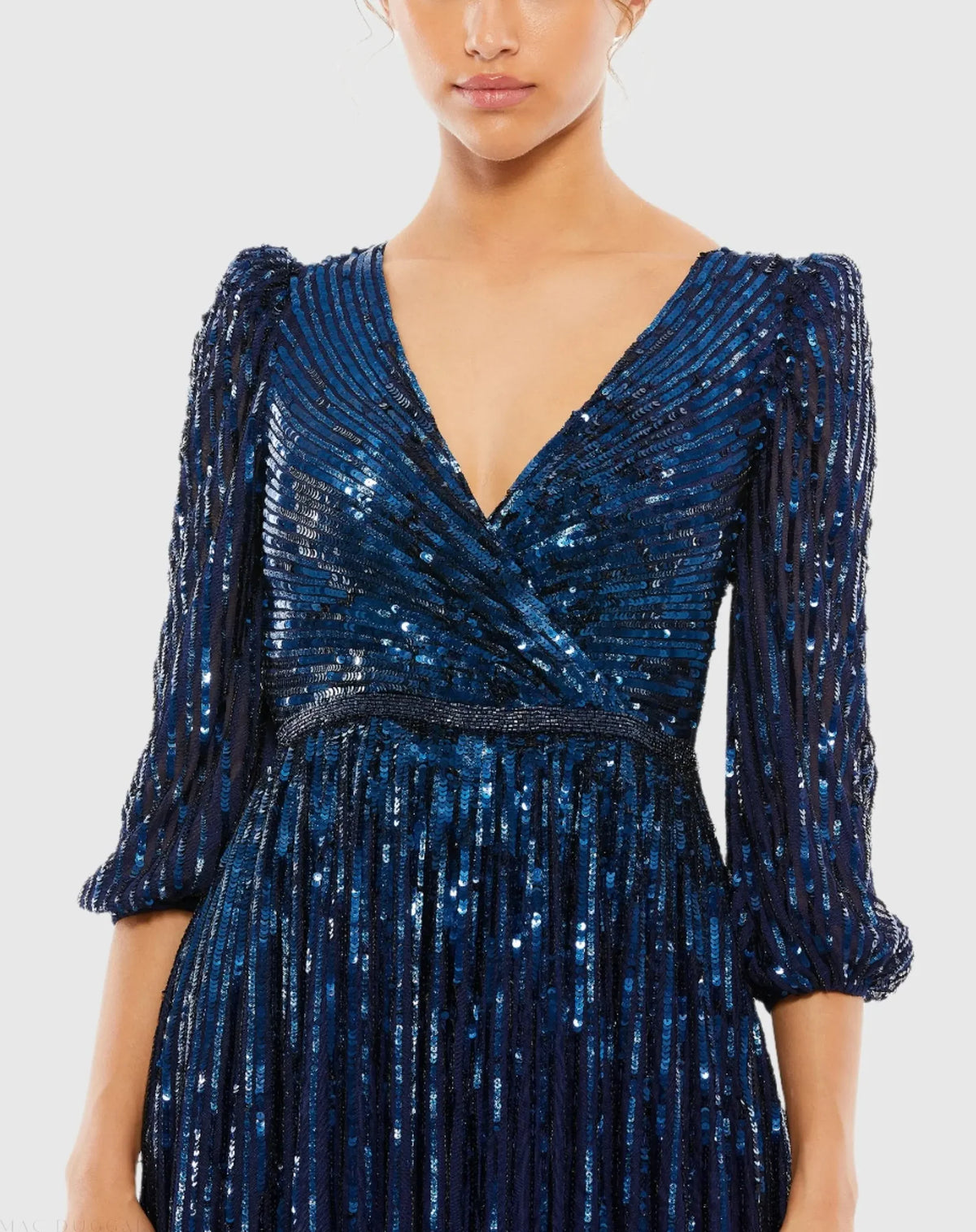 Sequin Wrap Over 3/4 Sleeve Gown - Midnight