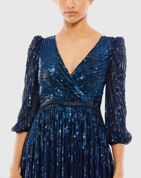Sequin Wrap Over 3/4 Sleeve Gown - Midnight