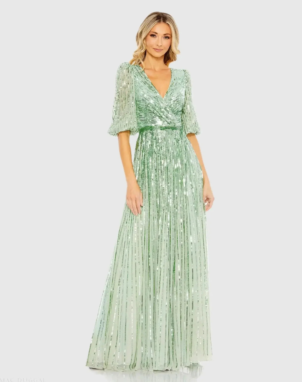 Mac Duggal Sequined Wrap Over 3/4 Sleeve Gown #5509 Sage 