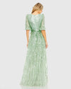 Sequin Wrap Over 3/4 Sleeve Gown - Sage
