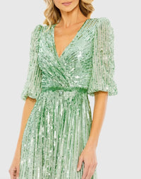 Sequin Wrap Over 3/4 Sleeve Gown - Midnight