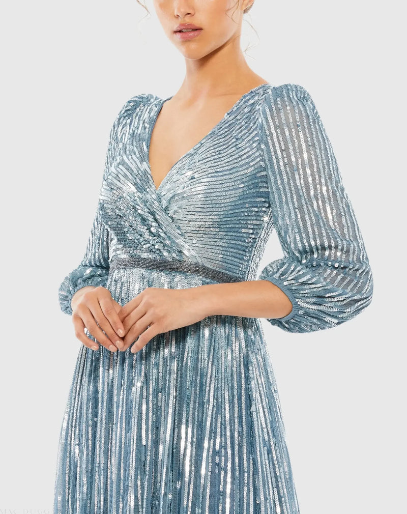 Sequin Wrap Over 3/4 Sleeve Gown - Midnight