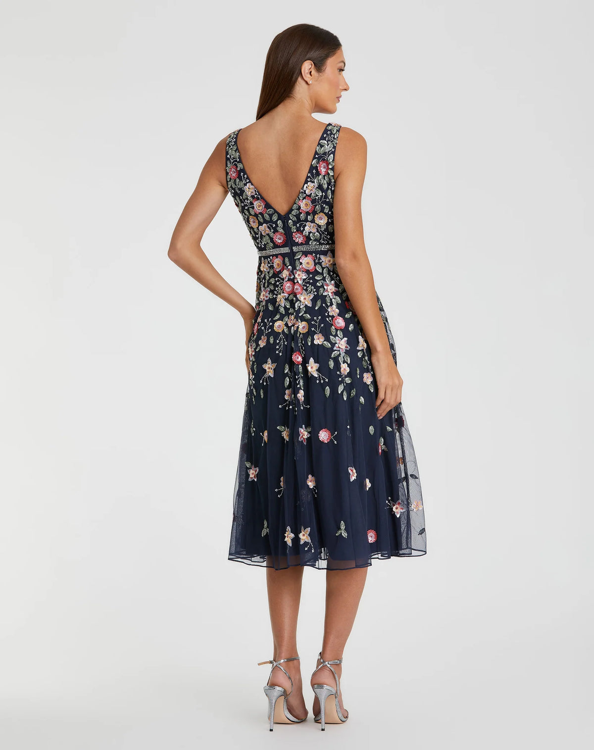 V-Neck Floral Beaded A-line Dress - Midnight