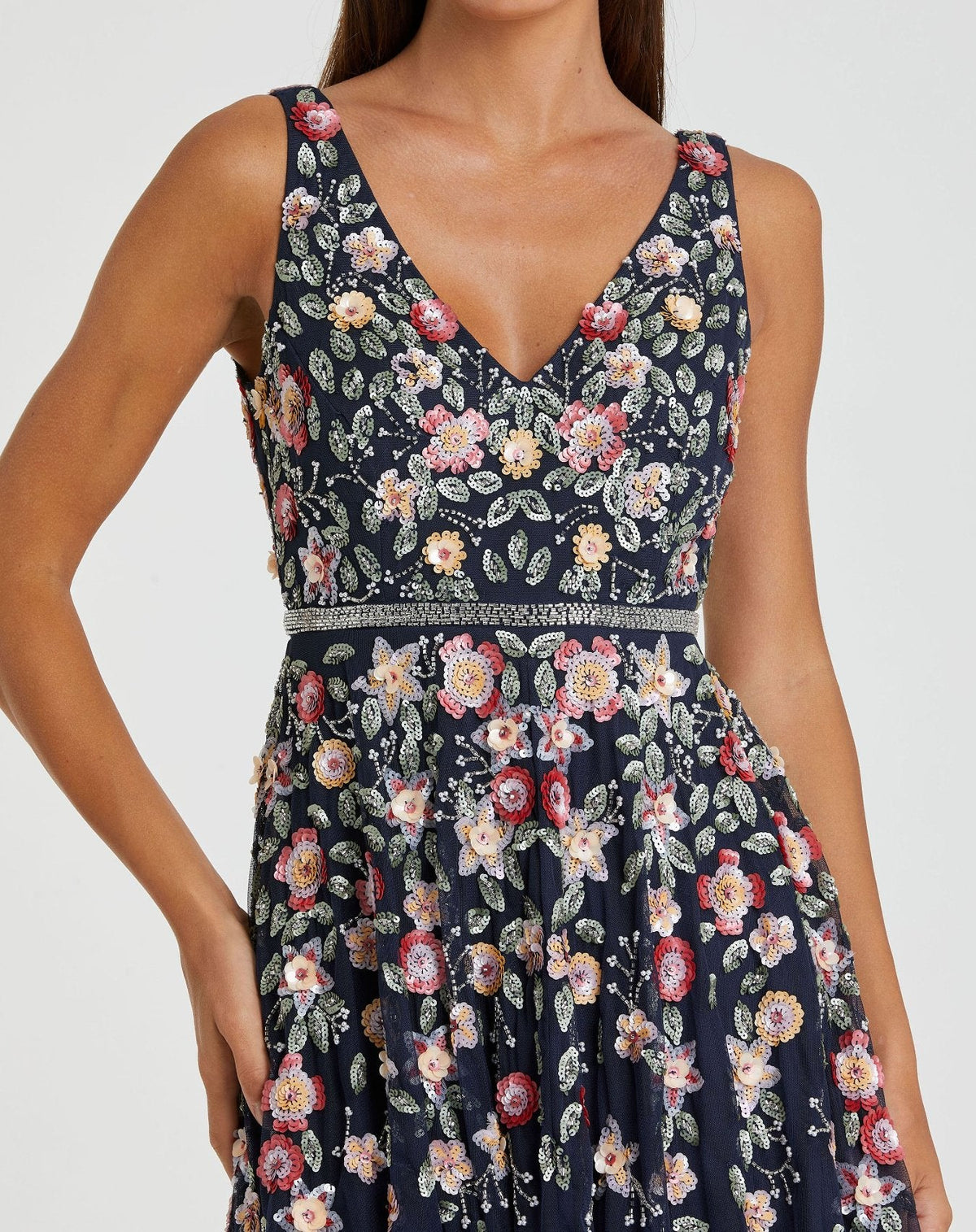 V-Neck Floral Beaded A-line Dress - Nude