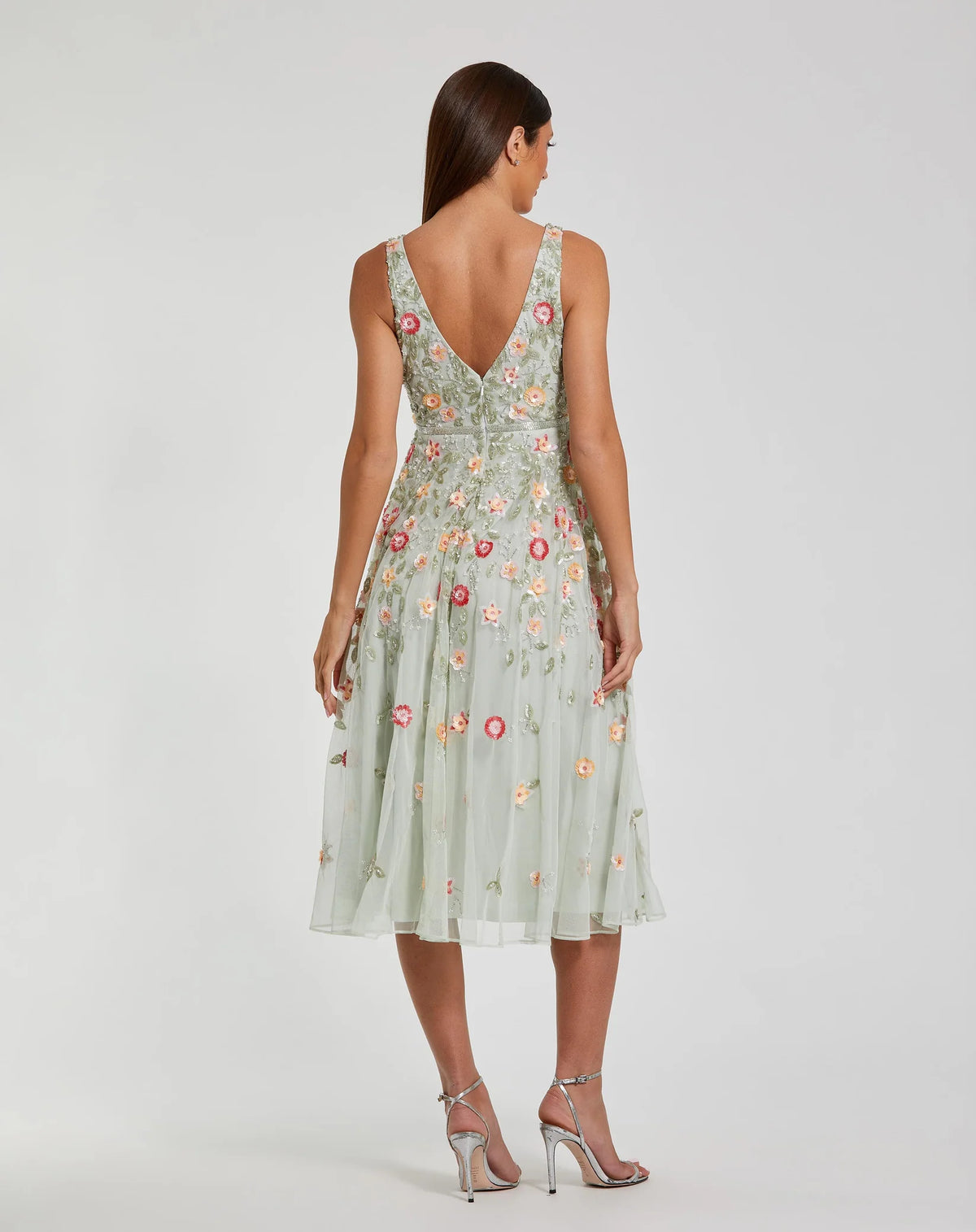 V-Neck Floral Beaded A-line Dress - Nude