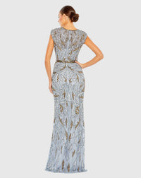 Embellished Illusion Cap Sleeve Column Gown - White