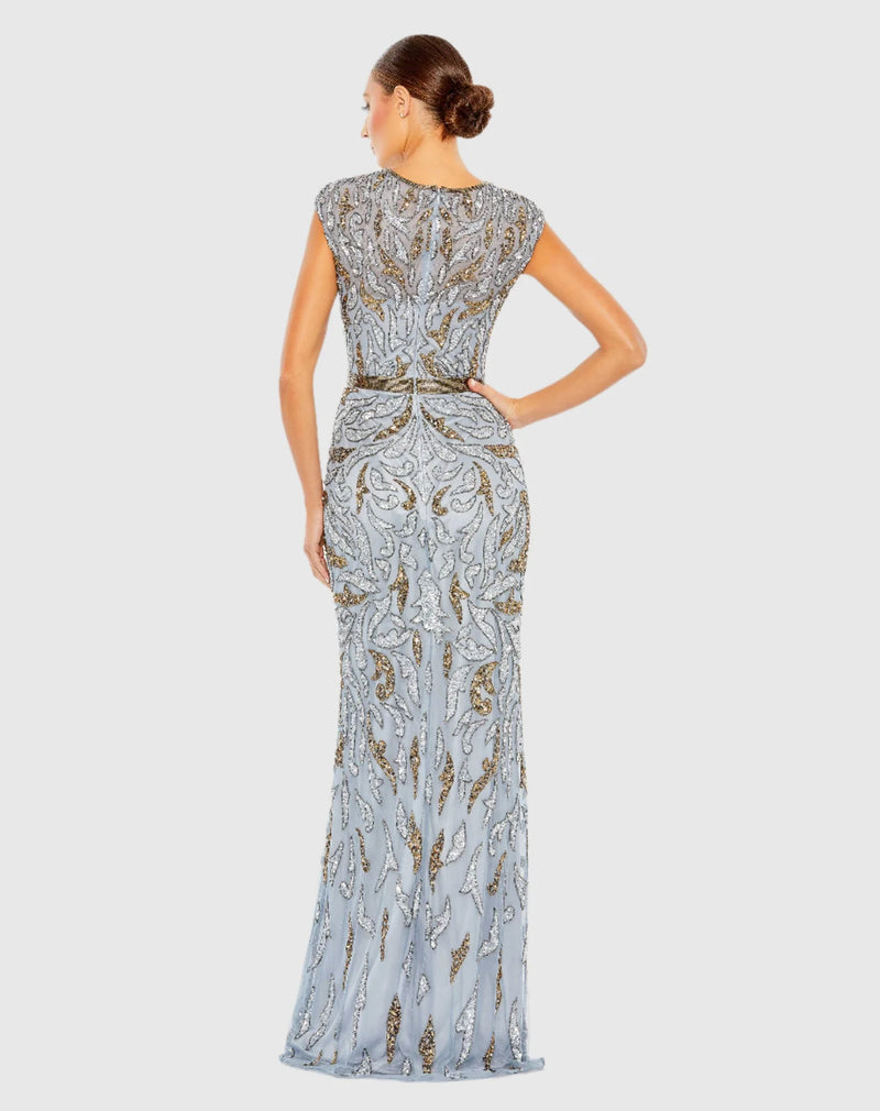 Embellished Illusion Cap Sleeve Column Gown - White