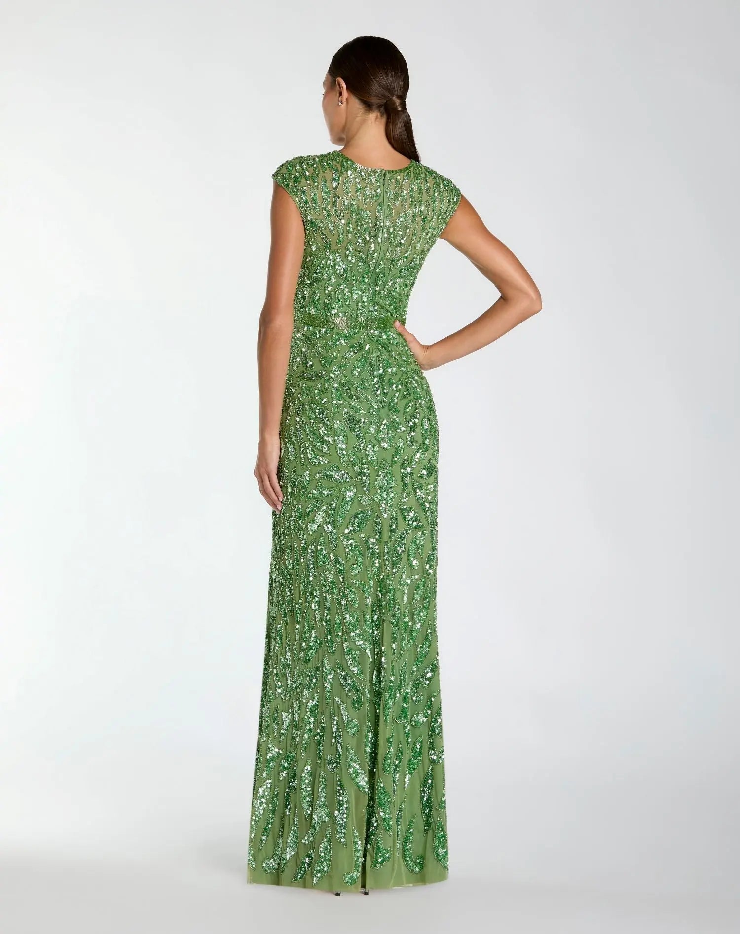 Mac Duggal #5532 sage embellished high neck cap sleeve gown