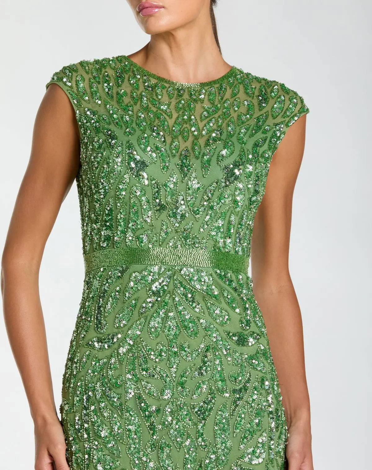 Mac Duggal #5532 sage embellished high neck cap sleeve gown