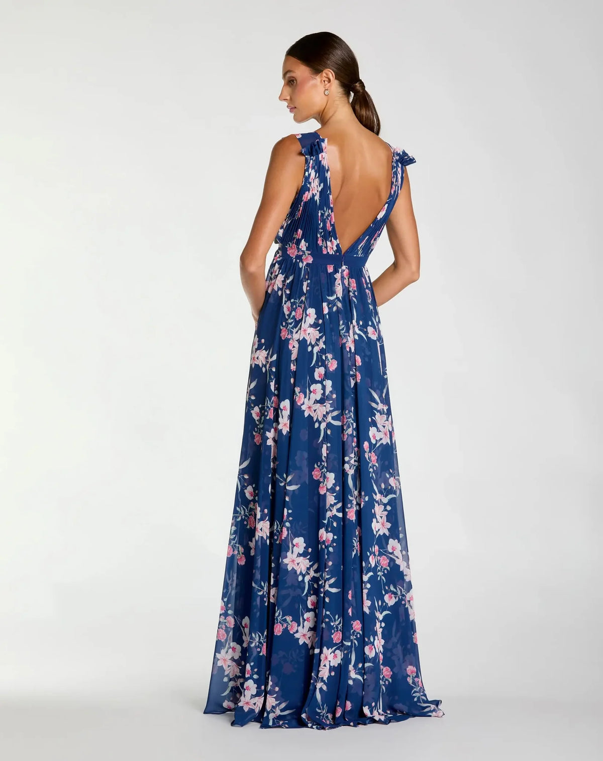 Mac Duggal, Pleated chiffon sleeveless V-neck gown - Navy Multi #55321 