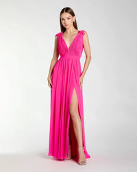 Mac Duggal, Pleated chiffon sleeveless V-neck gown - Hot Pink #55321 