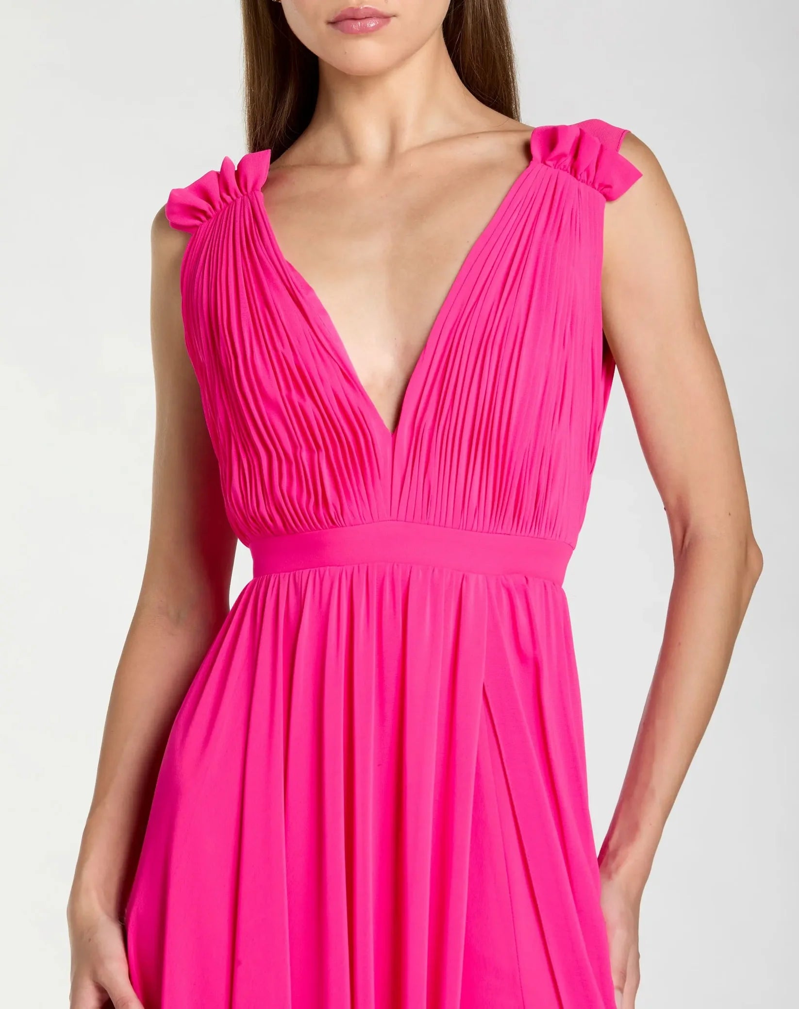 Mac Duggal, Pleated chiffon sleeveless V-neck gown - Hot Pink #55321 
