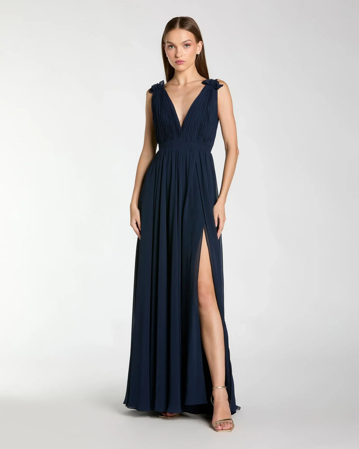 Mac Duggal, Pleated chiffon sleeveless V-neck gown - Navy Blue #55321 