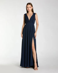 Mac Duggal, Pleated chiffon sleeveless V-neck gown - Navy Blue #55321 