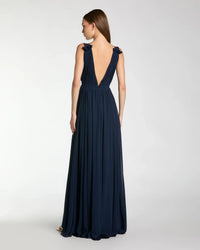 Mac Duggal, Pleated chiffon sleeveless V-neck gown - Navy #55321 