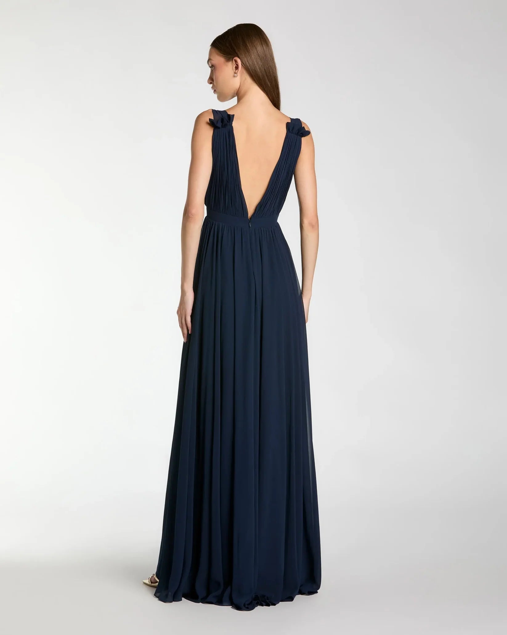 Mac Duggal, Pleated chiffon sleeveless V-neck gown - Navy #55321 