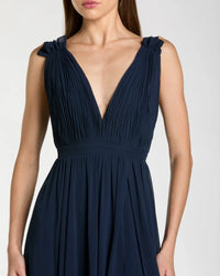 Mac Duggal, Pleated chiffon sleeveless V-neck gown - Navy Blue #55321 