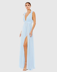 Mac Duggal, Pleated chiffon sleeveless V-neck gown - Powder Blue #55321