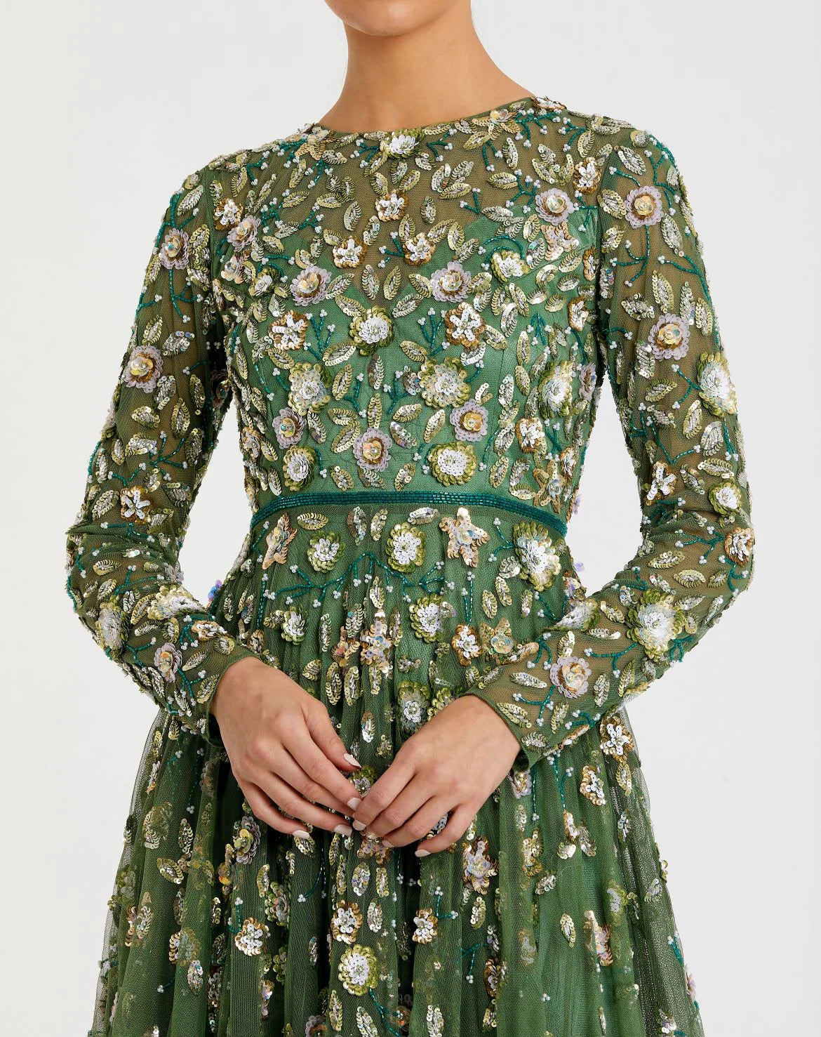Floral Embellished Modest Gown - Sage Green
