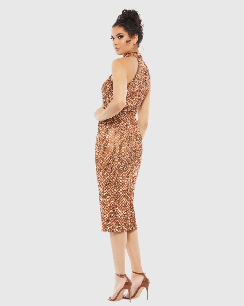 Dark Green Embellished Halter Midi Dress - Green