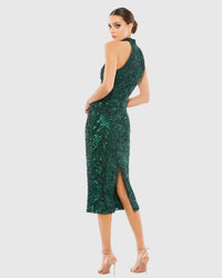 Dark Green Embellished Halter Midi Dress - Green