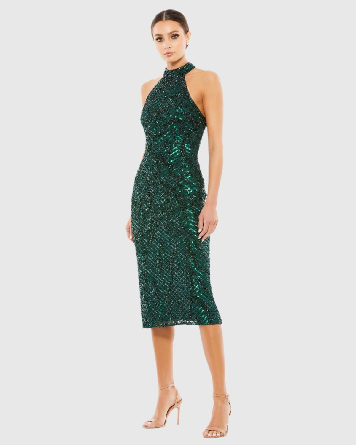 Mac Duggal, Bronze Embellished Halter Midi Dress #5535, Bottle Green Shaide Boutique Mac Duggal, Bronze Embellished Halter Midi Dress #5535, Bottle Green Shaide Boutique
