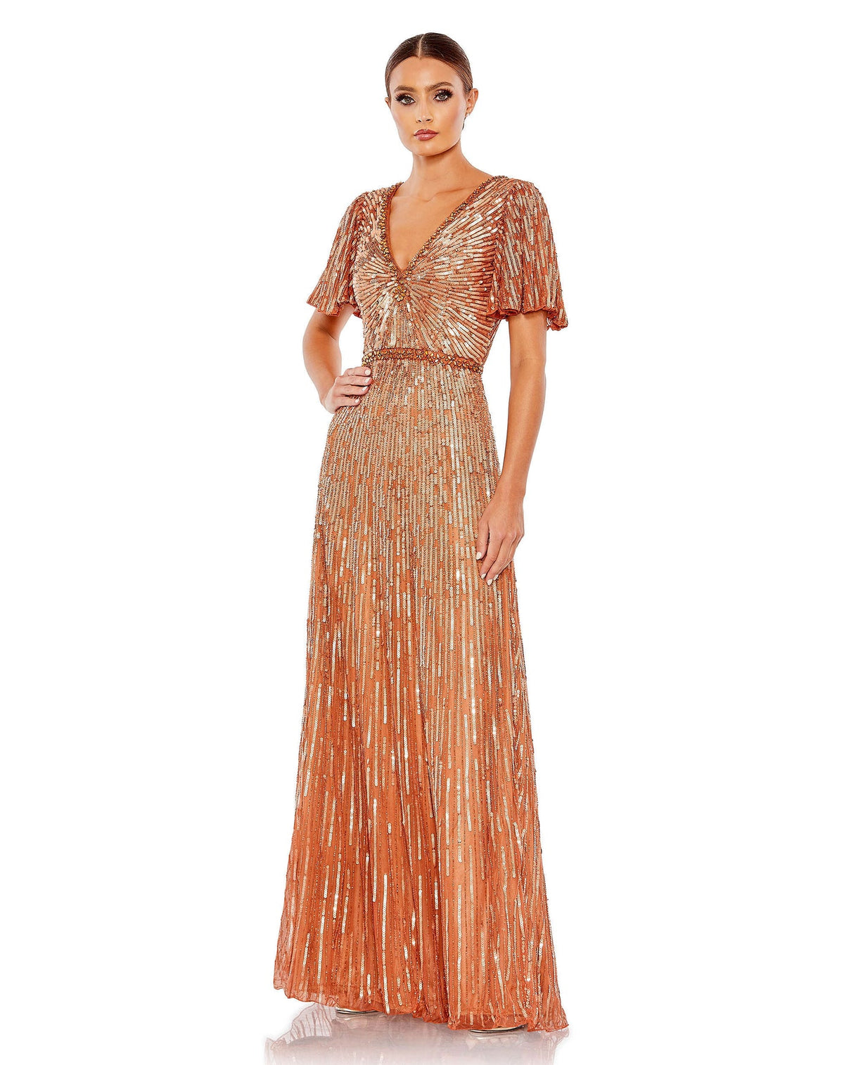 mac duggal, EMBELLISHED V NECK BUTTERFLY SLEEVE COLUMN GOWN, copper, Style #5538