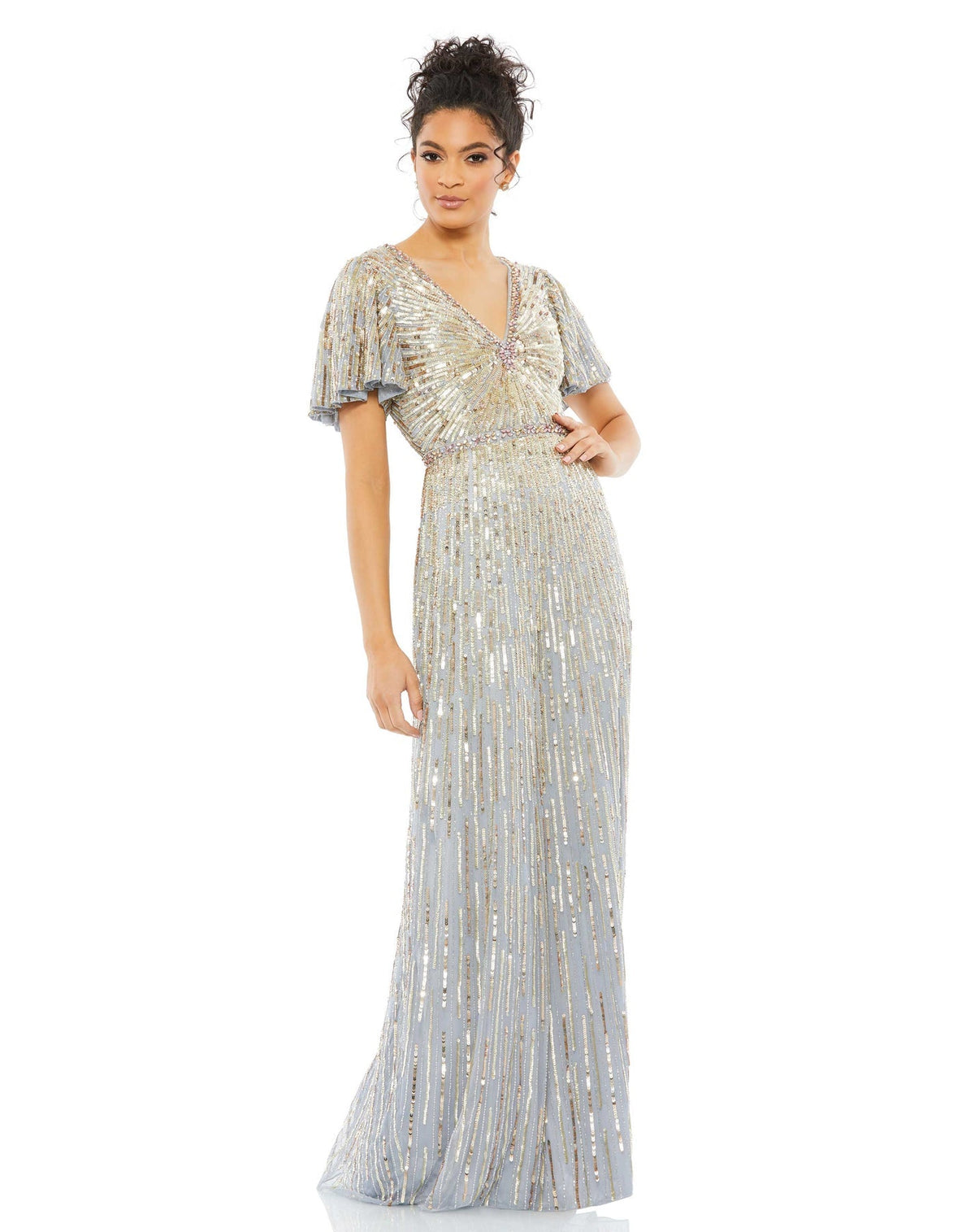 mac duggal, EMBELLISHED V NECK BUTTERFLY SLEEVE COLUMN GOWN, platinum Style #5538