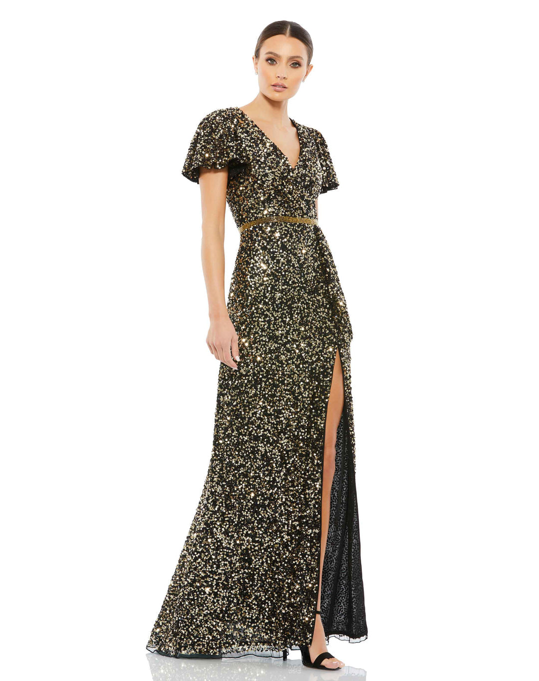 MAC DUGGAL, SEQUINED WRAP OVER BUTTERFLY SLEEVE DRAPED GOWN, BLACK GOLD, Style #5540