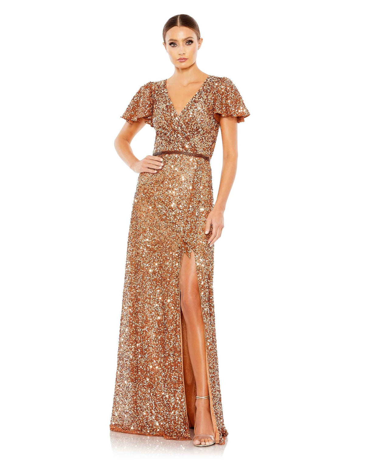 MAC DUGGAL, SEQUINED WRAP OVER BUTTERFLY SLEEVE DRAPED GOWN, COOPER, Style #5540