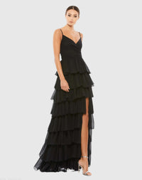 Mac Duggal 55416 Black V neck sleeveless gown with ruffled skirt - front