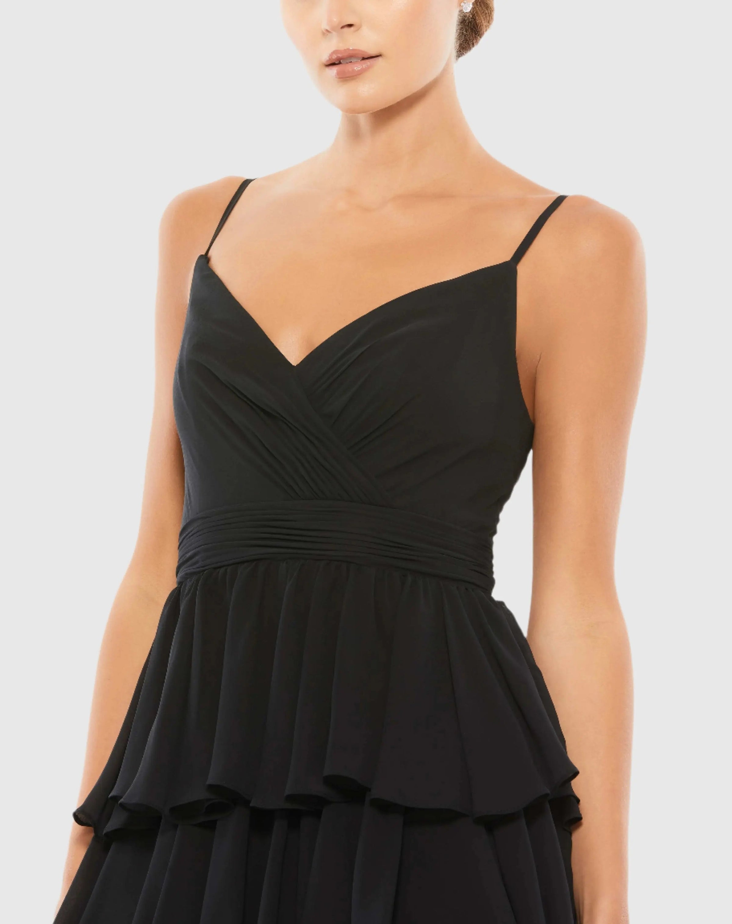 Mac Duggal 55416 Black V neck sleeveless gown with ruffled skirt - detail