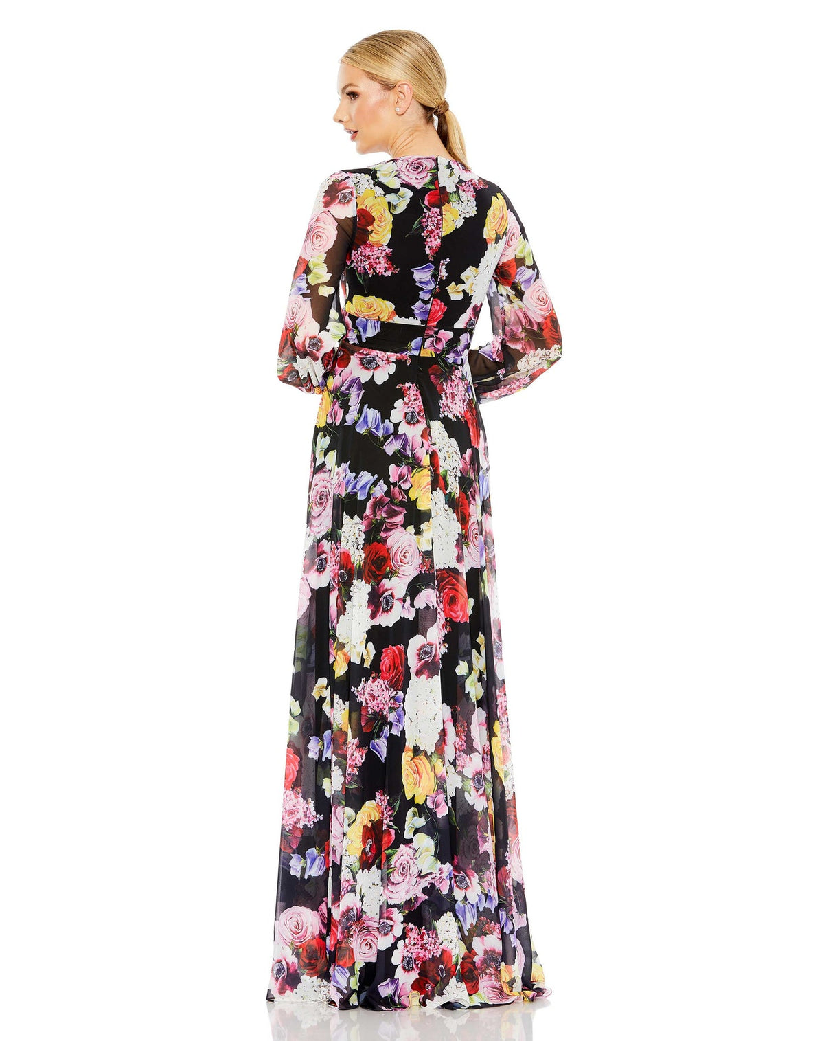 Mac Duggal Style #55660 Long sleeve floral print sun dress - Black back view