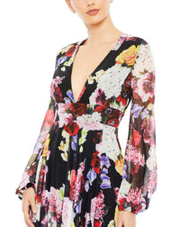 Mac Duggal Style #55660 Long sleeve floral print sun dress - Black close up