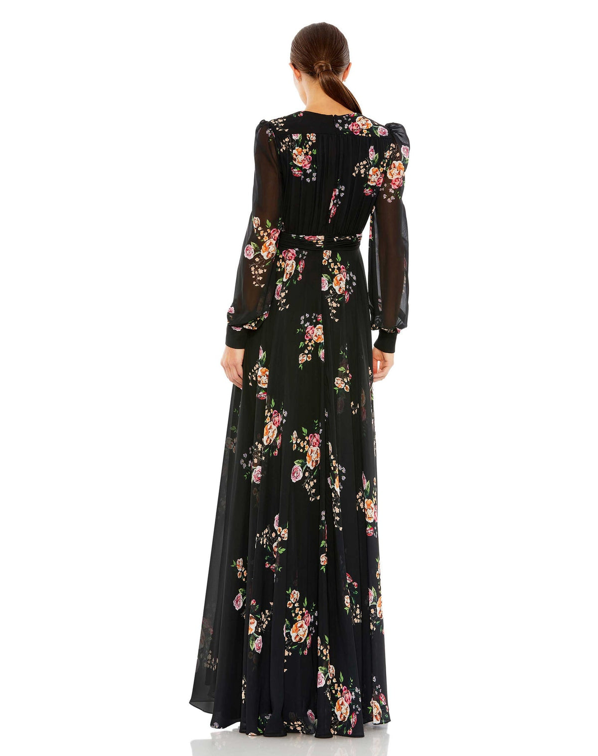 Belted floral print long sleeve gown - black