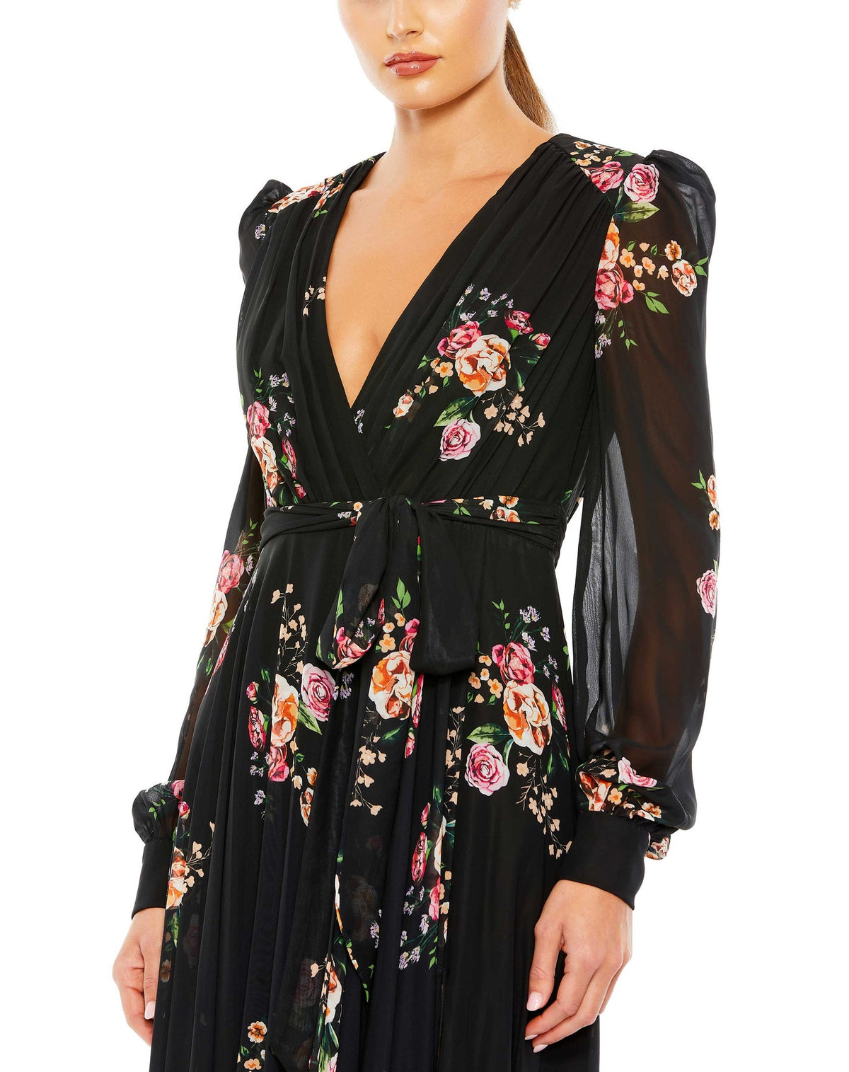 Belted floral print long sleeve gown - black