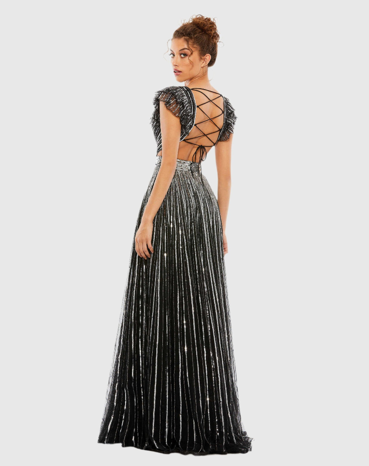 Sequin Cap Sleeve Ruffle Lace Up Gown - Copper